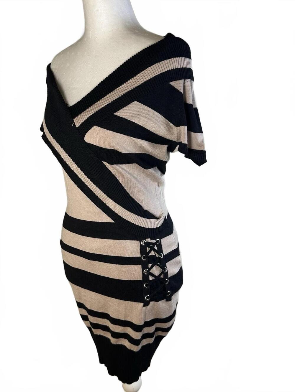 Y2K Say What Off Shoulder Striped Stretch Sweater Dress Lace Up Detail  - Size S